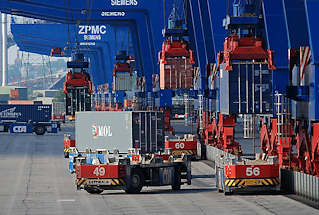011_15642 auf dem Container Terminal Altenwerder CTA werden die Container vom Laschplatz mit der Portalkatze auf die fhrerlosen Transportfahrzeuge geladen; diese Automated guided Vehicles ( AGV ) bringen die Fracht an ihren Bestimmungsort.