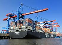 011_89_2447 Die NYK THEMIS liegt im Hamburger Hafen am Ballinkai des Container Terminals Altenwerder unter den weit ausladenden Containerbrücken. Die Ladung des 304m langen und 40m breiten Frachters wird gelöscht - ca. 6500 TEU kann er transportieren.