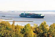 1042_9612  Blick vom Elbberg beim Falkensteiner Ufer ber den Herbstwald auf die Elbe. Ein Containerfrachter verlsst hochbeladen Hamburg. Im Hintergrund das Mhlenberger Loch und Gebude der Airbuswerke auf Hamburg Finkenwerder.