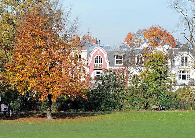 1463_0787 Grnanlagen in den Hamburger Stadtteilen - Herbstbaum im Innocentiapark in Hamburg Harvestehude. Stadtvillen mit farbig abgesetzten Fassaden am Rande des Parks; herbstlich gefrbte Bume.