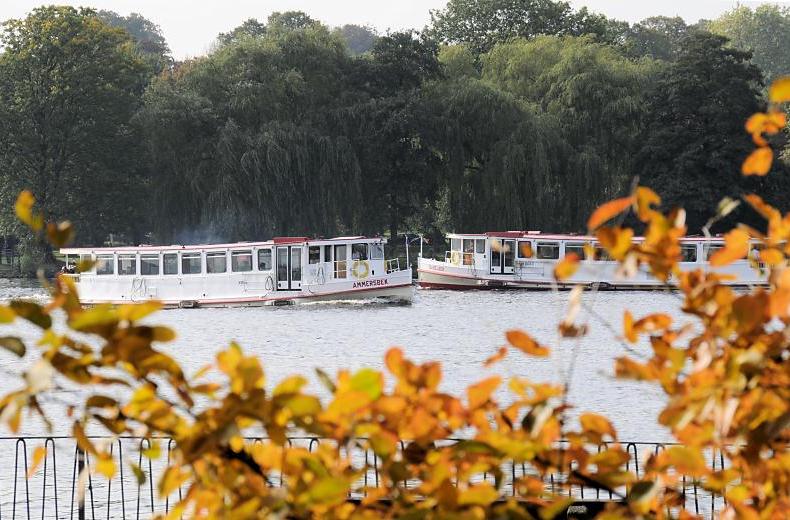 312_1227 Die Fahrgastschiffe AMMERSBEK und SASELBEK begegnen sich auf ihrer Linienfahrt ber die Aussenalster; im Vordergrund haben die Bltter von Gehlzen am Alsterufer schon Herbstfrbung angenommen. 