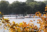 312_1227  Die Fahrgastschiffe AMMERSBEK und SASELBEK begegnen sich auf ihrer Linienfahrt ber die Aussenalster; im Vordergrund haben die Bltter von Gehlzen am Alsterufer schon Herbstfrbung angenommen. 