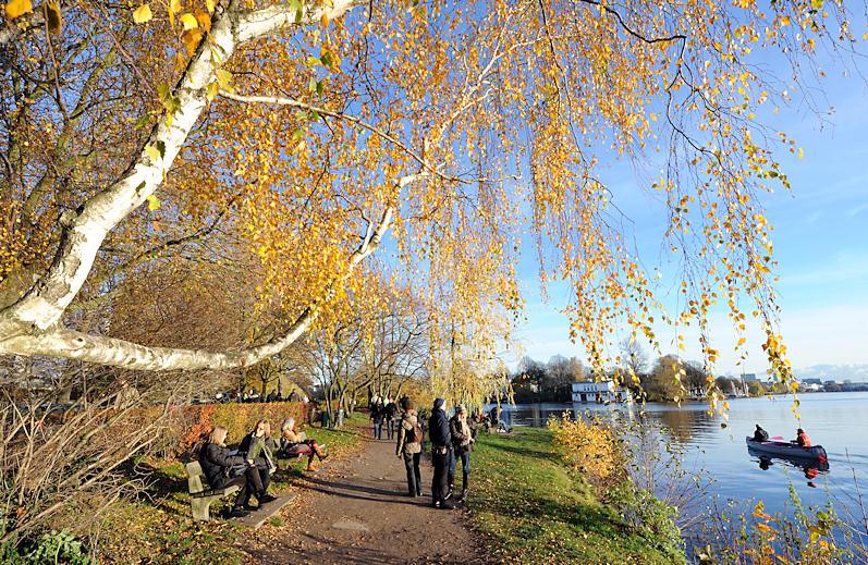 444_1316 SpaziergngerInnen am Ufer der Aussenalster Hhe der Strasse Bellevue in Hamburg Winterhude; einige sitzen auf Ruhebnken, unterhalten sich oder blicken ber die Alster. Zweige einer Birke mit goldgelben Herbstbltternragen ber das Weg und das Ufer der Alster. Ein Kanu fhrt Richtung Langen Zug. 