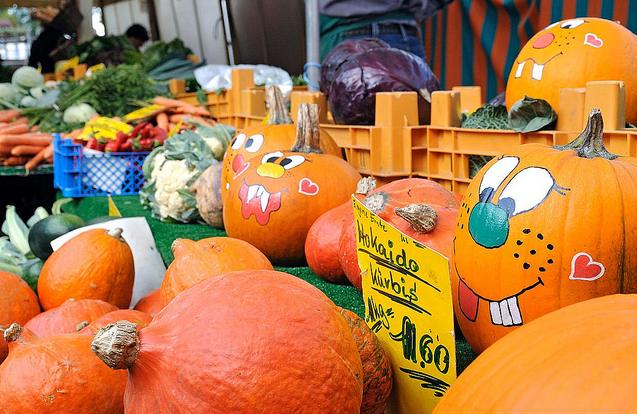 828_8572 Gemsestand auf dem Fuhlsbttler Wochenmarkt im Herbst - Krbisse in der Auslage. Lustige bunte Gesichter sind auf die grossen Herbstfrchte gemalt; ein Schild weist auf den Verkauf von Hokkaido-Krbis hin.