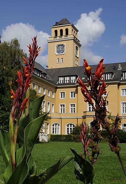 Fotografie vom Rathaus Bergedorf  Turm mit Uhr vom Bergedorfer Rathaus - Blumen und Wiese auf der Rathaus - Rckseite. Das Rathaus von Bergedorf war ursprnglich eine 1899 errichtetes Wohnhaus - der Architekt war Johann Grotjahn. 1924 erwarb die Stadt Bergedorf das Gebude und baute es unter der Regie des Stadtbaurats Wilhelm Krger und dem Architekten Georg Lindner zum Rathaus Bergedorfs um. 