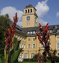 17_21508  Turm mit Uhr vom Bergedorfer Rathaus - Blumen und Wiese auf der Rathaus - Rckseite. Das Rathaus von Bergedorf war ursprnglich eine 1899 errichtetes Wohnhaus - der Architekt war Johann Grotjahn. 1924 erwarb die Stadt Bergedorf das Gebude und baute es unter der Regie des Stadtbaurats Wilhelm Krger und dem Architekten Georg Lindner zum Rathaus Bergedorfs um. www.hamburg-fotograf.com