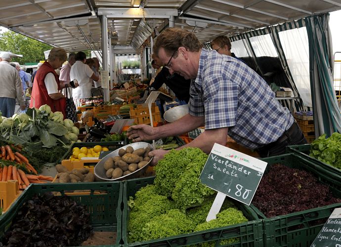 Marktstand mit frischem Gemse auf dem Bergedorfer Wochenmarkt - der Markthndler fllt gerade Vierlnder Kartoffeln in eine Waagschale. Im Vordergrund stehen Gemsekisten gefllt mit den unterschiedlichsten Sorten Vierlnder Salate. Die Vierlande gehren zum Bezirk Bergedorf und bestehen aus den Orten Kirchwerder, Neuengamme, Altengamme und Curslack - die Gegend wird auch als der Gemsegarten / Blumengarten Hamburgs bezeichnet - die Bauern verkaufen ihre Erzeugnisse hufig auch direkt u.a. auf dem Bergedorfer Wochenmarkt.  Bilder aus Hamburg Bergedorf - Marktstand mit frischem Gemse aus Vierlanden