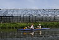 17_21591 Zwei Kajakfahrer kommen von der Gose-Elbe und fahren in den Neuengammer Durchstich Richtung Dove-Elbe ein. Am Ufer ein grosses Glas Gewchshaus in dem Vierlnder Tomaten angebaut werden. www.hamburg-fotograf.com