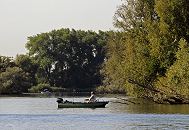 17_21606 Ein Angelboot in der Morgensonne auf der Dovelelbe bei Hamburg Tatenberg, Bezirk Bergedorf. Der Angler sitzt entspannt auf einem Campingstuhl in seinem Holzboot, dass einen Aussenbordmotor am Heck montiert hat. Einige Angelruten stecken in den Halterungen des kleinen Sportboots. www.hamburg-fotograf.com