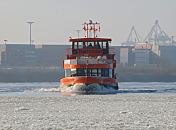 003_22732 Die Hafenfhre TOLLERORT  kommt von Finkenwerder und legt am Anleger "Dockland" in Hamburg Neumhlen an. Im Hintergrund sind auf der anderen Elbseite die Container auf dem Gelnde des Terminals Tollerort gestapelt.  