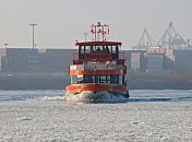 003_22732 Die Hafenfhre TOLLERORT  kommt von Finkenwerder und legt am Anleger "Dockland" in Hamburg Neumhlen an. Im Hintergrund sind auf der anderen Elbseite die Container auf dem Gelnde des Terminals Tollerort gestapelt.  