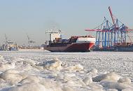 02_5775 Zwei Frachtschiffe verlassen im dichten Eis der Elbe den Hamburger Hafen - rechts die Container - Brücken am HHLA Terminal Burchardkai. Im Vordergrund ist der Elbstrand von Övelgönne mit Eisschollen bedeckt.