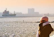 3147 Eine Spaziergngerin blickt vom Elbufer ber das Treibeis auf den Fluss bei Hamburg - Frachtsschiffe fahren auf der Elbe vor Hamburg-Finkenwerder durch das dichte Eis. Der Eisgang behindert die Schifffahrt im Hamburger Hafen. 