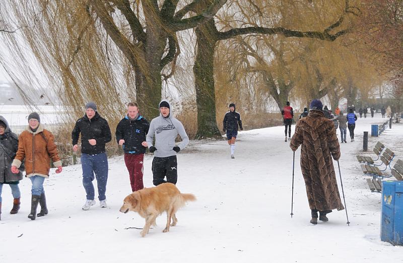 35_5101 Es gehrt mit zur hanseatischen Tradition am Sonntag Nachmittag einen Alsterspaziergang zu unternehmen. Eine Dame im Pelzmantel und Nordic Walking Stcken geht ihren Weg durch den Schnee am Alsterufer. Andere joggen mit kurzer Hose durch das Schneetreiben. Aufnahmen von Hamburg - Spaziergnger am Alterufer im Winter.