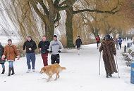 35_5101 Es gehört mit zur hanseatischen Tradition am Sonntag Nachmittag einen Alsterspaziergang zu unternehmen. Eine Dame im Pelzmantel und Nordic Walking Stöcken geht ihren Weg durch den Schnee am Alsterufer. Andere joggen mit kurzer Hose durch das Schneetreiben. Aufnahmen von Hamburg - Spaziergänger am Alterufer im Winter.