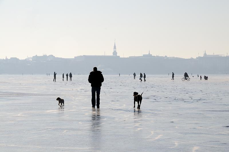 36_5484 Hamburger gehen auf dem Alstereis spazieren und genieen den auergewhnlichen Ausblick. Sie fahren sogar Fahrrad oder nehmen ihre Hunde zum Spaziergang mit aufs Eis. Im Hintergrund der Kirchturm der  Hl. Dreieinigkeitskirche in Hamburg - St. Georg.  Hamburger Winterbilder - Spaziergnger auf dem Eis der Alster vor dem Hamburg Panorama. 