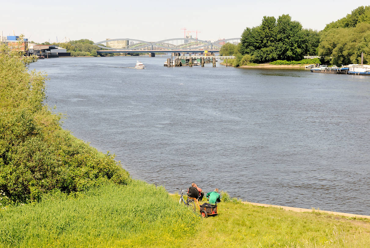 01131_2626 Blick über die Einfahrt zur Billwerder Bucht zu den Norderelbbrücken - Angler sitzen am Wasser, ein Sportboot in Fahrt Richtung Sperrwerk. Rechts die Halbinsel Entenwerder, Arbeitsboote liegen an Pontons und Wasserbrücken.