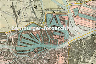 0953971 Karte des Hamburger Hafens ca. 1925; in der Bildmitte verluft der Reihstieg von der Norderelbe zur Sderelbe, in der linken Bildmitte der Mggenburger Zollhafen mit den Auswandererhallen und ganz rechts der Waltershofer Hafen.