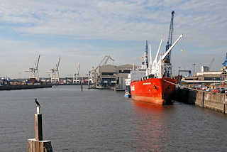 OO-9877 Kormoran auf einer Dalbe - Frachtschiff am Kai im Kuhwerder Hafen, HH-Steinwrder.