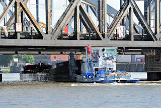 5147 Ein Schubschiff fhrt mit einer Schute unter der alten Niederfelder Eisenbahnbrcke hindurch - das Arbeitsschiff passt gerade unter den Eisentrgern hindurch - ein Schiffer beobachtet die Durchfahrtshhe.