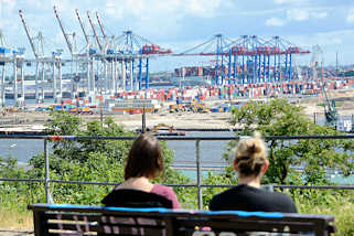 8317 8323 Blick vom Altonaer Balkon ber die Elbe zum Hamburger Hafen - Containerbrcken / Containerlager des Containerterminals Tollerort in Hamburg Steinwerder.