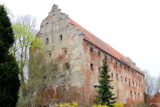 0119 Ruine Schloss, Burgruine in Mehlsack / Pieniężno, Polen. Ziegelgebude, Backsteinarchitektur, der Putz ist abgeblttert.